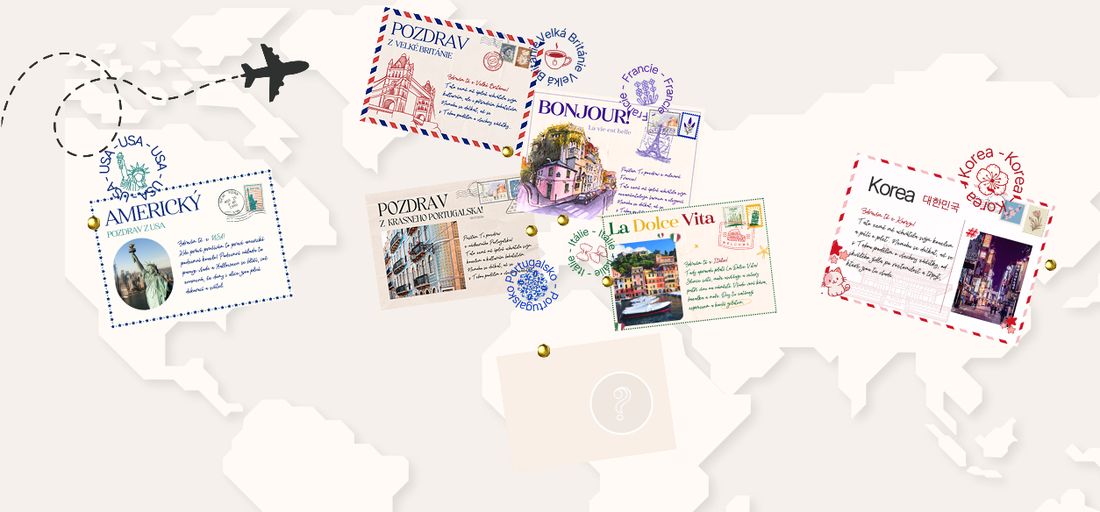 Cestovatelská mapa s pohlednicemi z destinací Fragonito