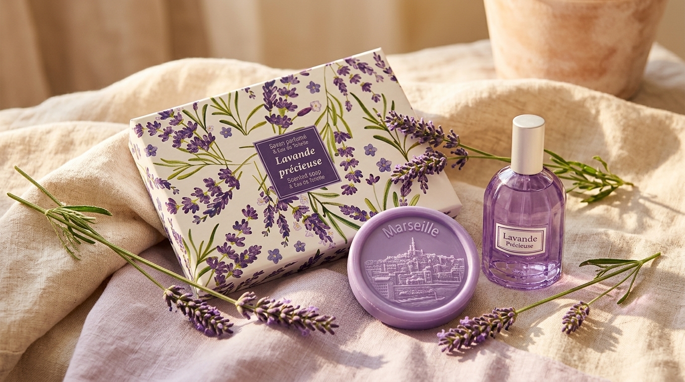 Set provensal cu lavanda Esprit Provence pe o fata de masa din panza — flacon de apa de toaleta Lavande, sapun de Marsilia si crengute de lavanda