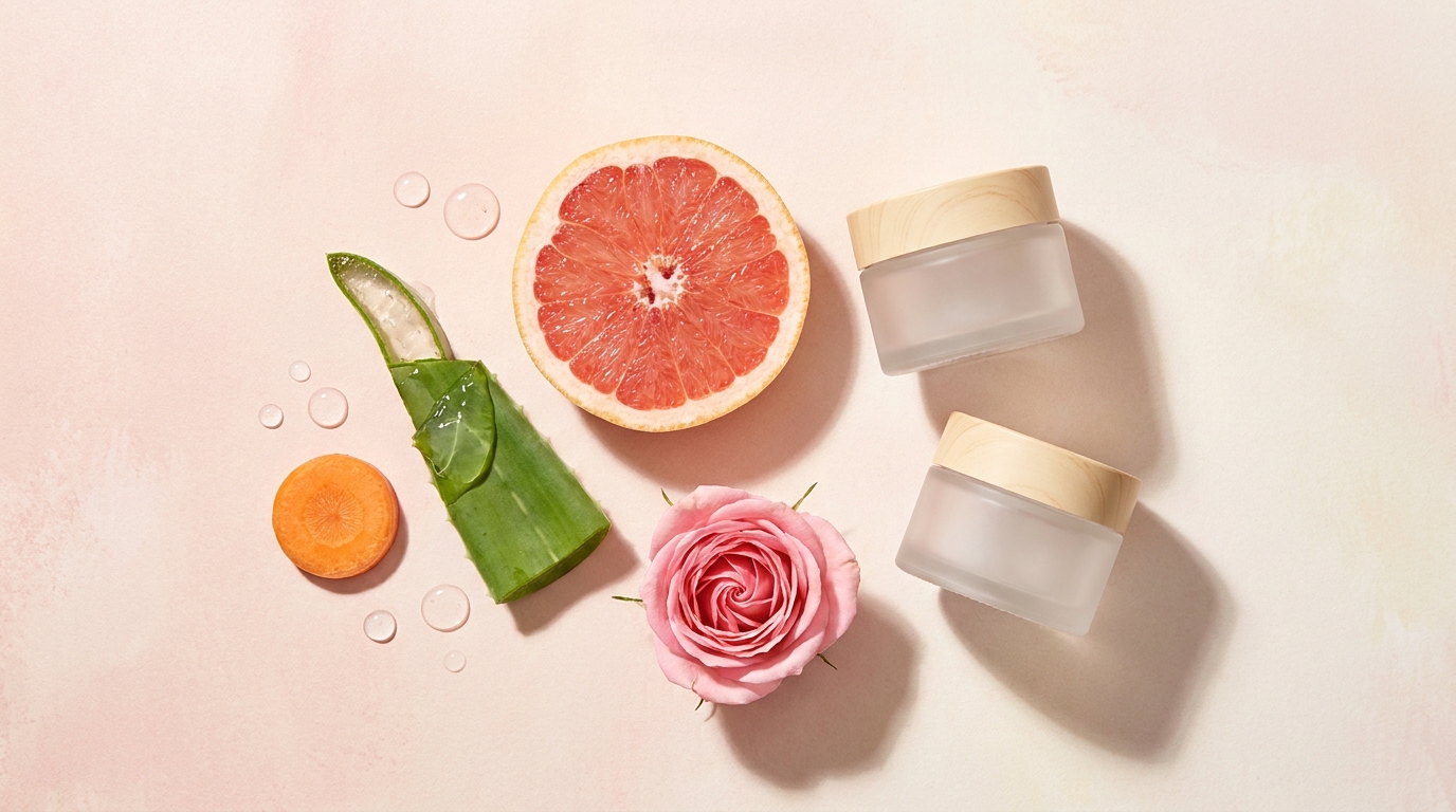 Ingrediente vegetale ale îngrijirii franțuzești Evoluderm — jumătate de grapefruit roz, frunză de aloe vera, felie de morcov, floare de trandafir și două borcănele neetichetate cu cremă, pe un fundal roz delicat