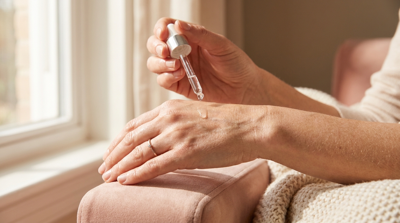 Mâini aplicând o picătură de ser facial dintr-o pipetă, în lumina blândă a dimineții — ritualul zilnic al îngrijirii franțuzești Evoluderm