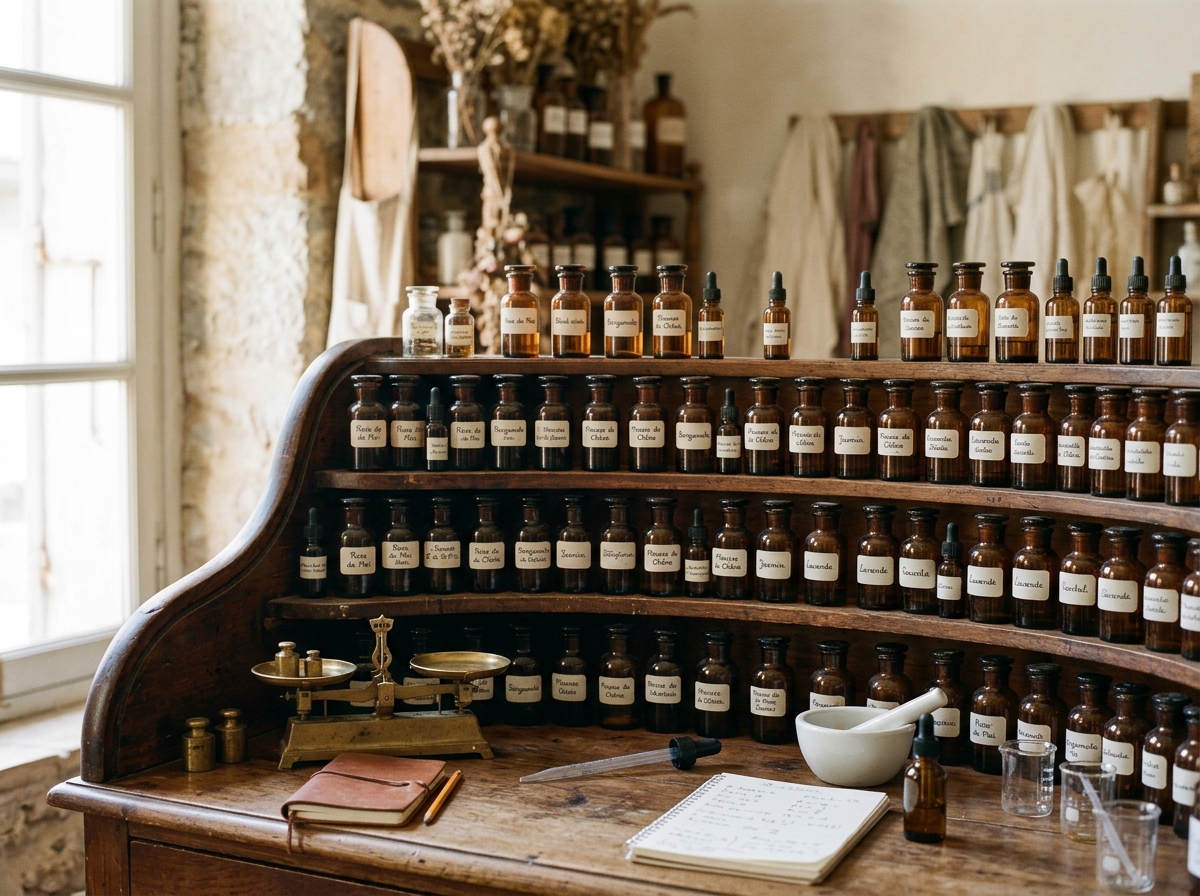 Orga parfumierului cu zeci de flacoane chihlimbarii de materii prime — printre etichete Rose de Mai, Jasmin si Lavande — pe o tejghea de lemn langa fereastra